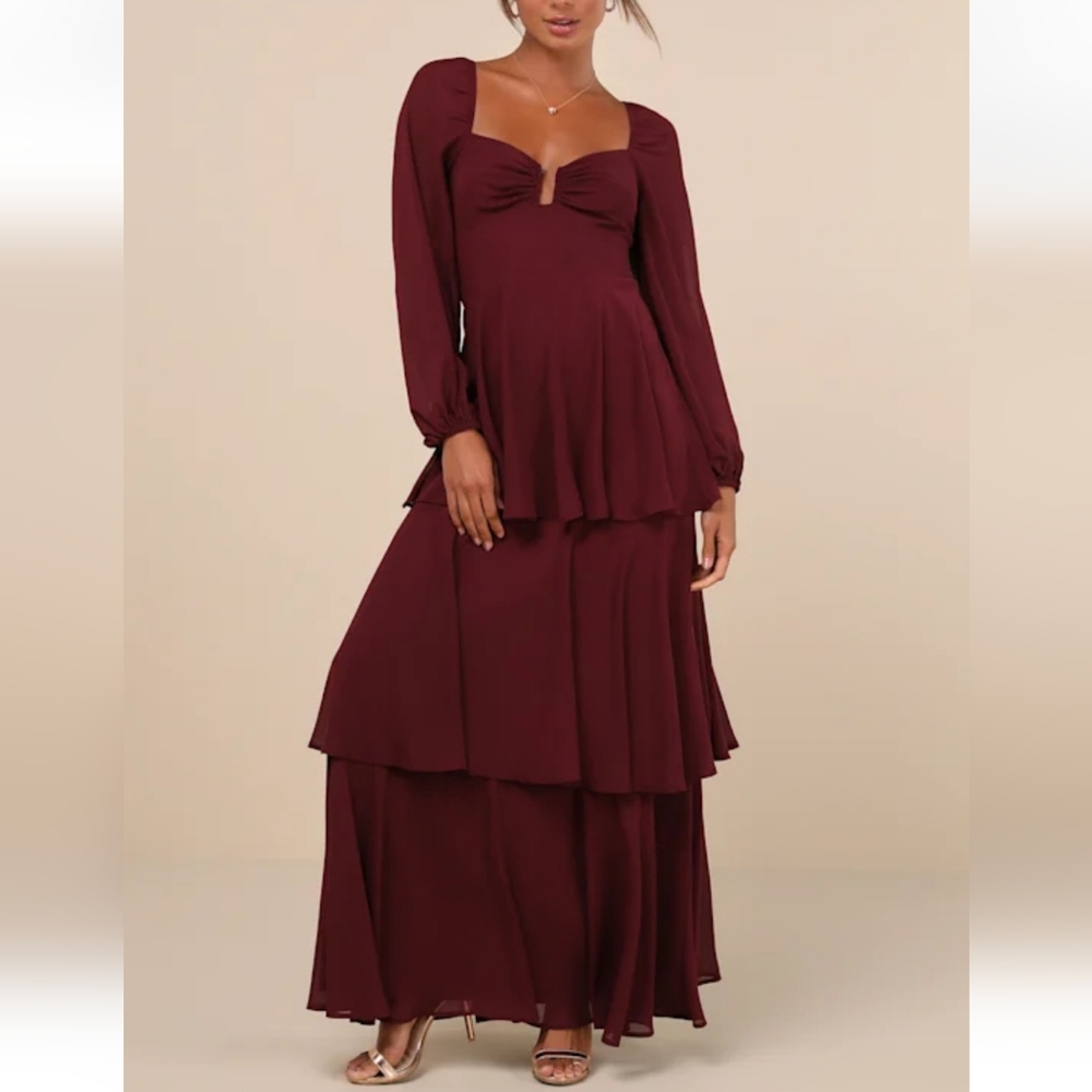 Lulus Tier to Enchant NWT Burgundy Long Sleeve Tiered Maxi Dress